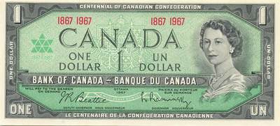 小福收藏拍卖第197期 裸钞场 本期有多张豹子号靓号 百慕大03年50元纪念钞百位号 马来亚和英属婆罗洲开国第一张纸币大冠女王 马来亚 41年1元英王乔六 法属太平洋10000法郎 捷克1000克朗纪念钞千位号  卢森堡 1000法郎  萨尔瓦多样钞 匈牙利 法罗群岛 危地马拉等多国精美纸币 - 加拿大 1967年 1元 a版 联邦百年纪念钞 unc