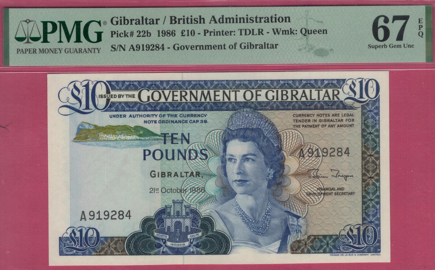 直布罗陀1986年10镑 A冠 P-22b 欧洲纸币 实物图 UNC
