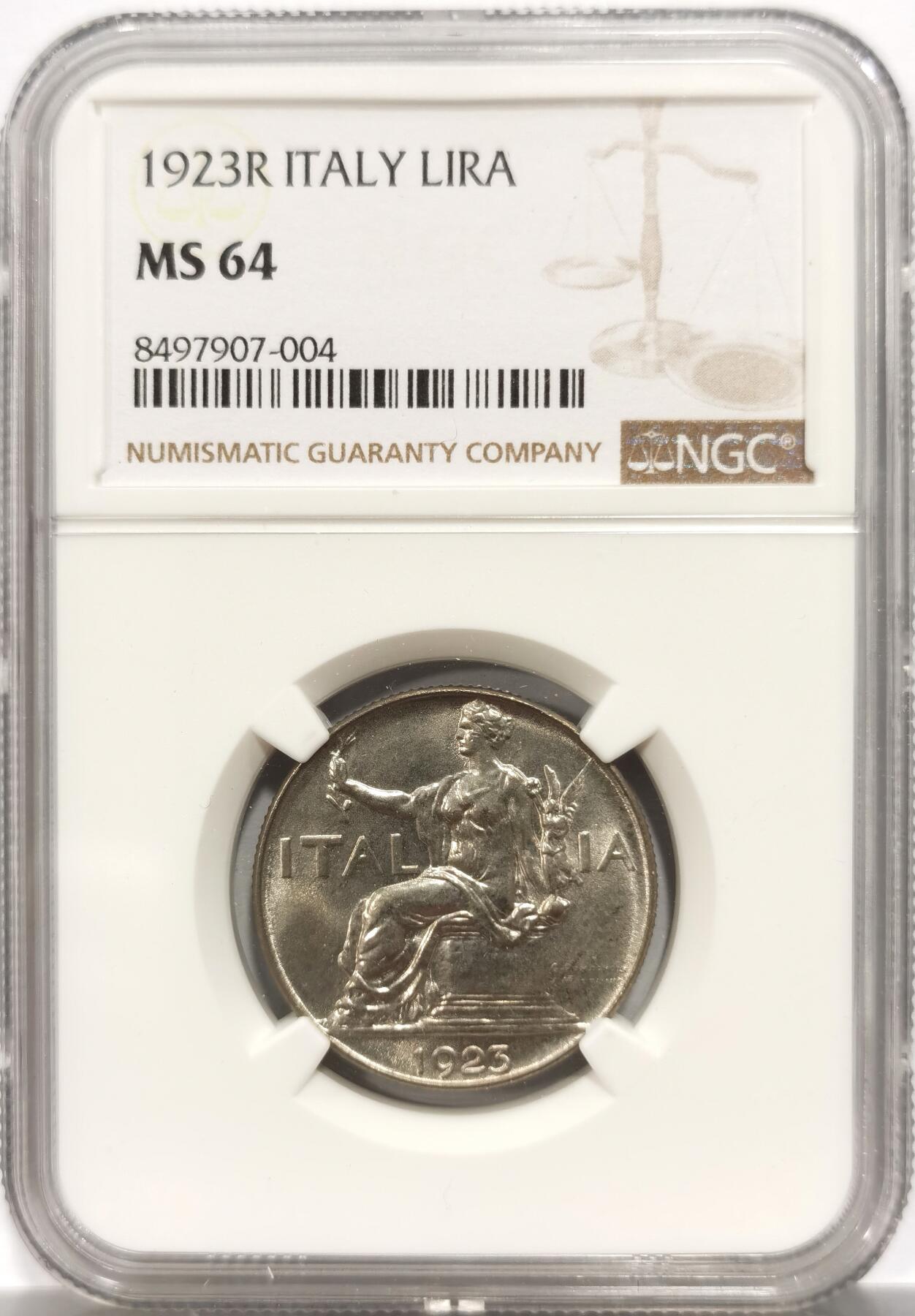博洋堂世界钱币拍卖第150期（全场包邮） NGC MS64 意大利1923年1里拉镍币，亚平宁女神坐像，极具艺术性