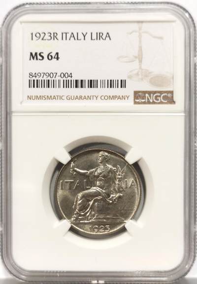 博洋堂世界钱币拍卖第150期（全场包邮） - NGC MS64 意大利1923年1里拉镍币，亚平宁女神坐像，极具艺术性