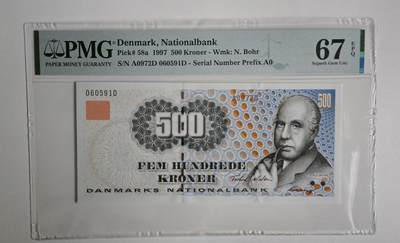 听雨轩精品外币（九十九） - 丹麦500克朗 pmg67 稀少初版A0冠无347  物理学家丹尼斯.玻尔1997首发A0冠