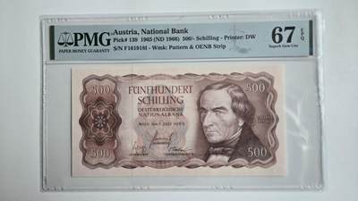 听雨轩精品外币（九十九） - 奥地利500先令 pmg67  稀少倒置号 约瑟夫雷塞尔1965