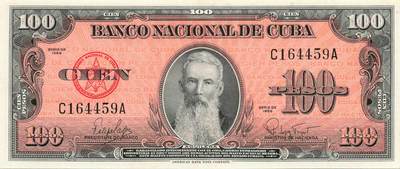 小福收藏拍卖第197期 裸钞场 本期有多张豹子号靓号 百慕大03年50元纪念钞百位号 马来亚和英属婆罗洲开国第一张纸币大冠女王 马来亚 41年1元英王乔六 法属太平洋10000法郎 捷克1000克朗纪念钞千位号  卢森堡 1000法郎  萨尔瓦多样钞 匈牙利 法罗群岛 危地马拉等多国精美纸币 - 古巴 1959年 100比索 unc