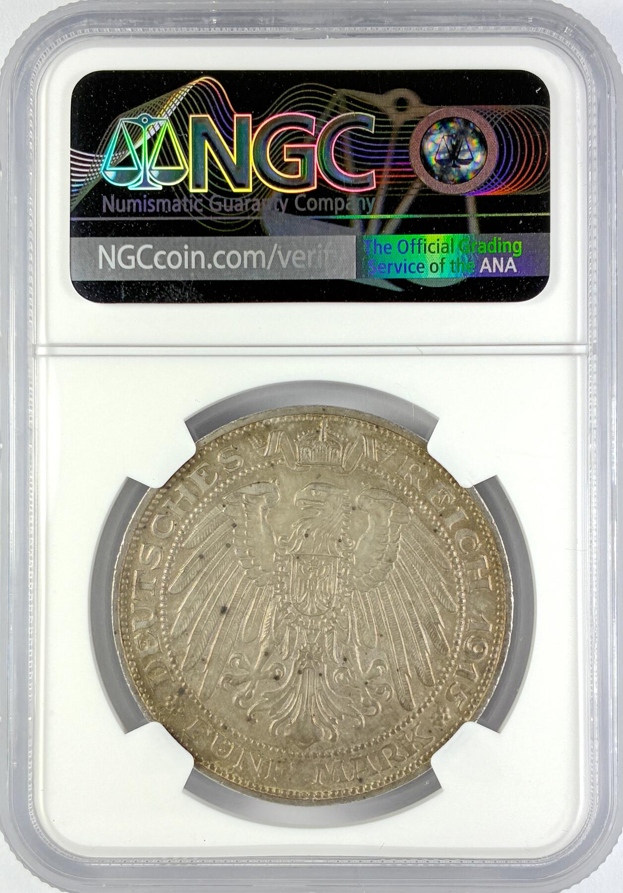 【雨安】【直播拍卖】【世界币章119期-评级币】2025-12-06 周六 19:30 保真 [评级德国] Germany 德国 帝国 J.089 梅克伦堡-什未林 5马克 1915年  NGC-MS61 原味均匀老包浆