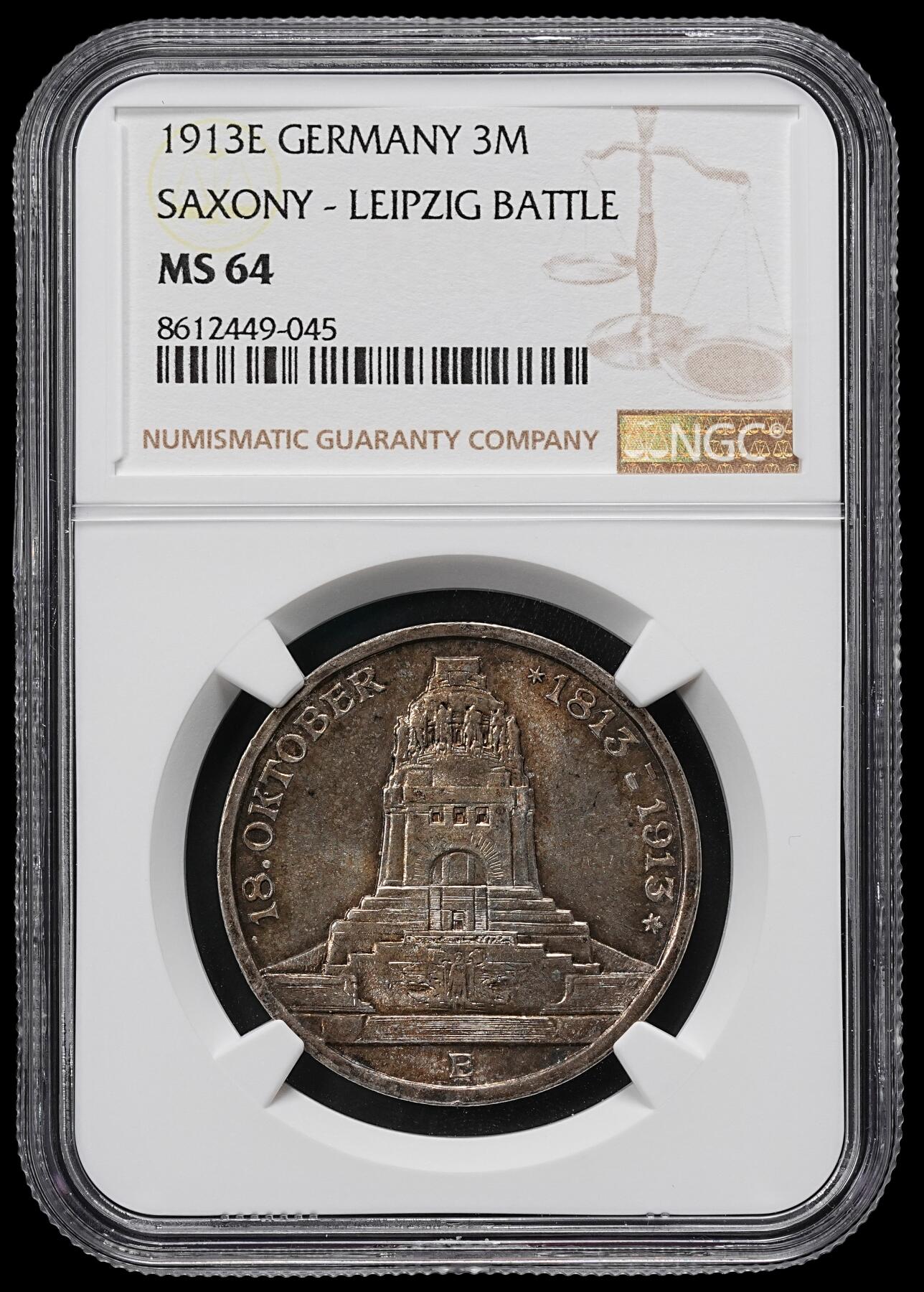 修遠堂世界钱币第九十六期 NGC MS64 1913年萨克森-莱比锡战役百年纪念3马克银币