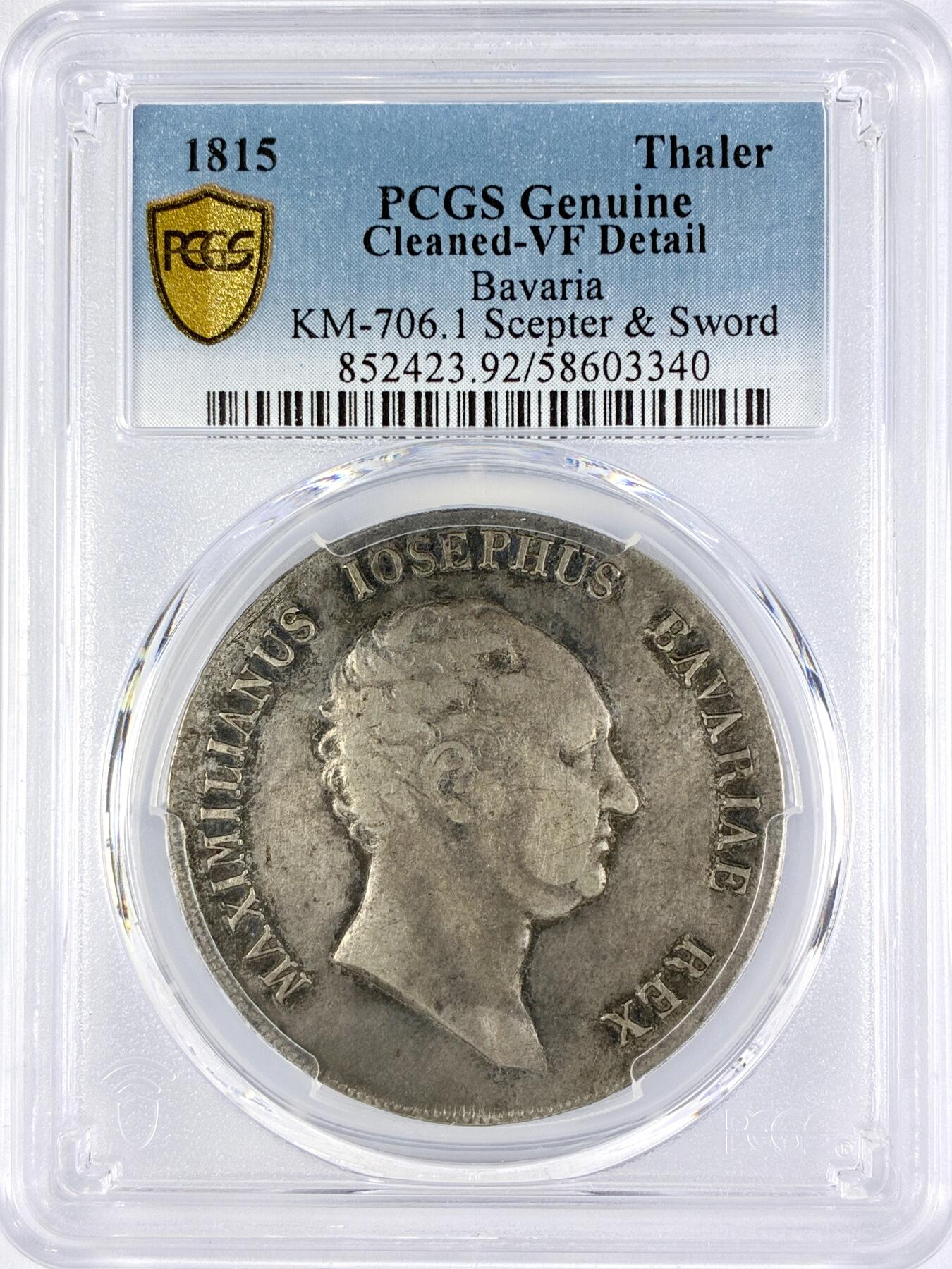 【雨安】【直播拍卖】【世界币章119期-评级币】2025-12-06 周六 19:30 保真 [评级德国] Germany 德国 德意志 1泰勒 Bavaria巴伐利亚 Thun.044 KM#0706.1 (1809-1825) 剑和权杖 1815年  PCGS-VF