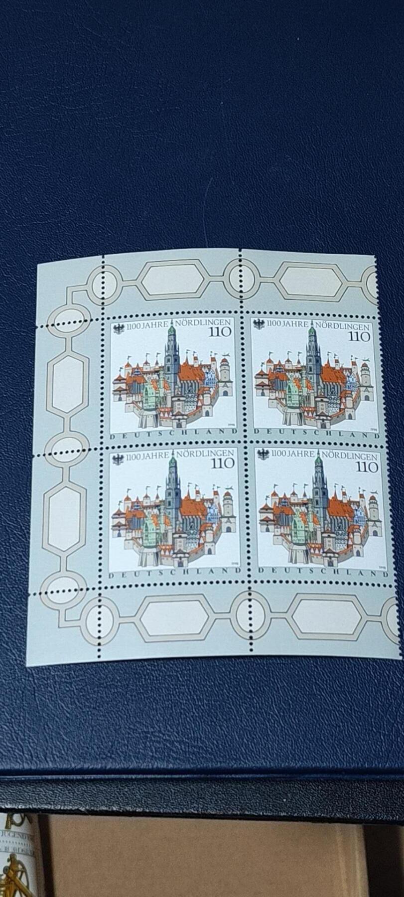 德国邮票专场，都是四方联 德国邮票四方联，1998年发行，诺德林根市建城1100周年。品相如图
