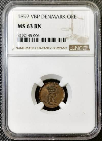 甄臻铺-世界币章拍卖（第42期）送拍享返佣金等优惠多多 - NGC-MS63 丹麦1897年海豚1欧尔铜币