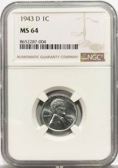 博洋堂世界钱币拍卖第150期（全场包邮） - NGC MS64 美国1943年1美分铁币，二战特殊时期的铁币，独年份，稀少D版