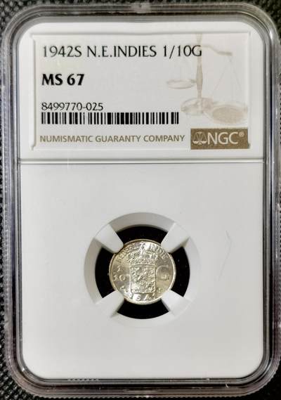 甄臻铺-世界币章拍卖（第42期）送拍享返佣金等优惠多多 - NGC-MS67 1942年荷属东印度1/10盾，高分难觅