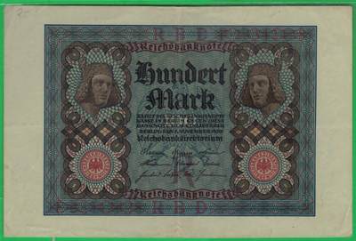 德国1920年100马克 P-69b 8位号码 尾8 加盖字母R 实物图 八五品 - 德国1920年100马克 P-69b 8位号码 尾8 加盖字母R 实物图 八五品