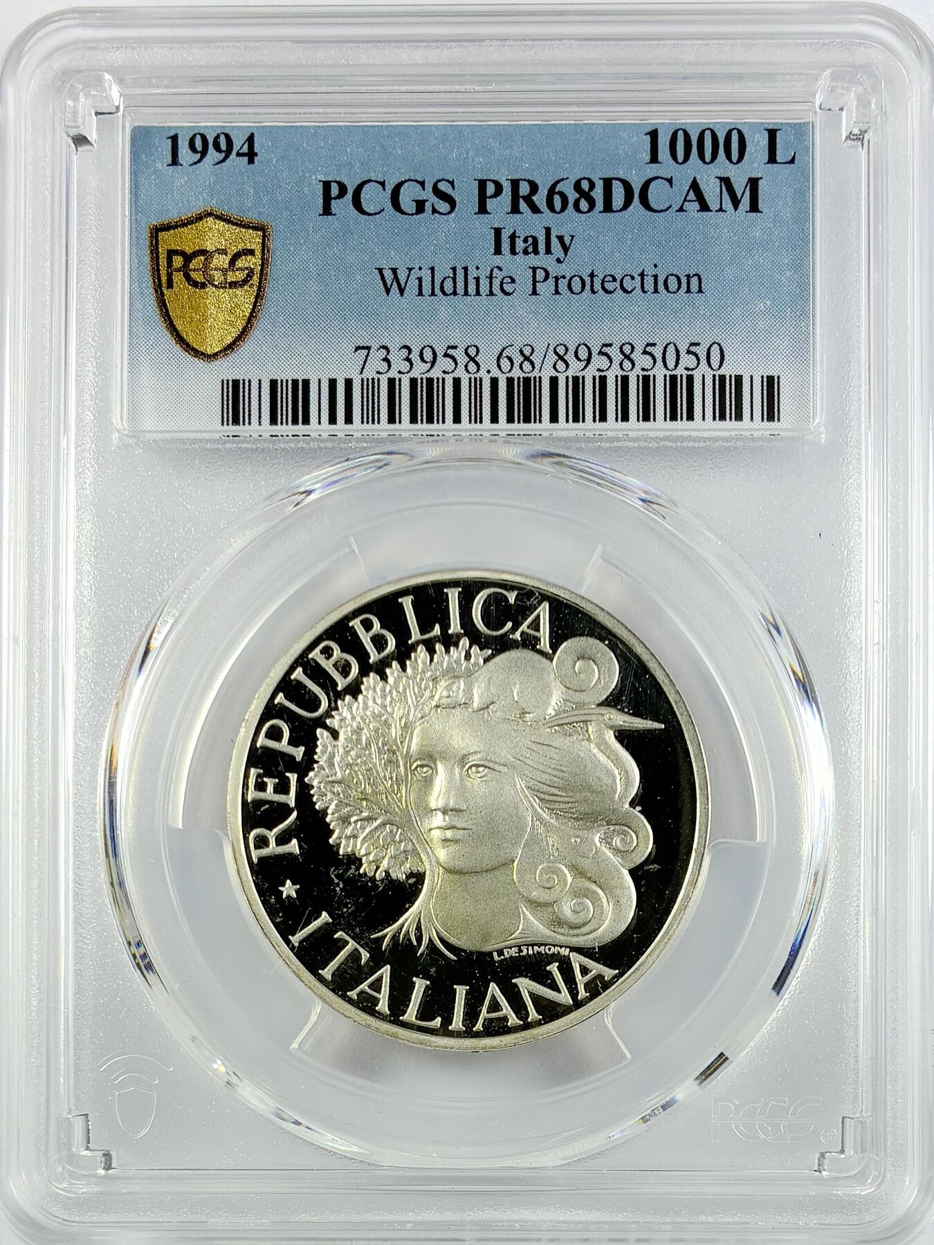 【雨安】【直播拍卖】【世界币章119期-评级币】2025-12-06 周六 19:30 保真 [评级现代] Italy 意大利 1000里拉 1994年 保护野生动物 PCGS-PR68DCAM