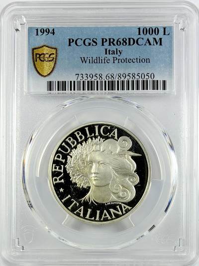 【雨安】【直播拍卖】【世界币章119期-评级币】2025-12-06 周六 19:30 保真 - [评级现代] Italy 意大利 1000里拉 1994年 保护野生动物 PCGS-PR68DCAM
