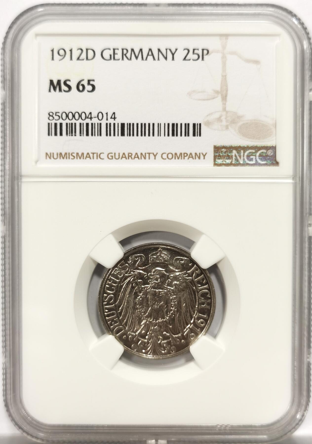 博洋堂世界钱币拍卖第150期（全场包邮） NGC MS65 德国1912年D版25芬尼镍币，唯一亚军，仅有一枚更高
