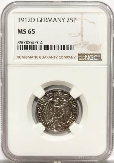博洋堂世界钱币拍卖第150期（全场包邮） - NGC MS65 德国1912年D版25芬尼镍币，唯一亚军，仅有一枚更高