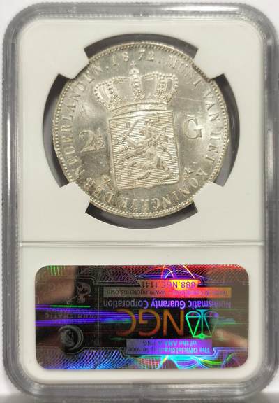 博洋堂世界钱币拍卖第150期（全场包邮） NGC MS62 荷兰1872年2.5盾大银币，镜面状态，喜欢的不要错过，值得收藏