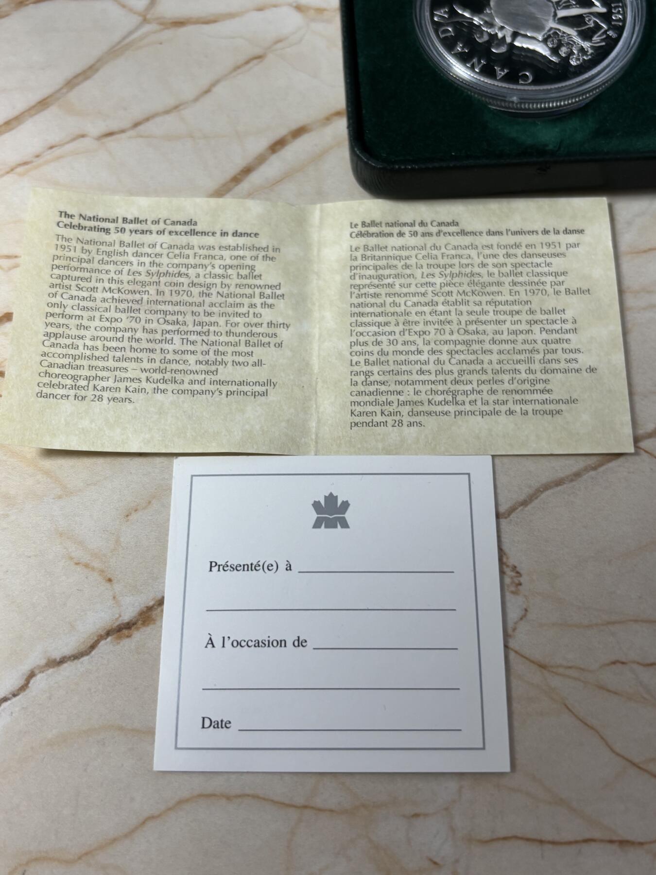 第184期拍卖 加拿大2001年国家芭蕾舞团成立50周年精制银币，925银，25.175克，