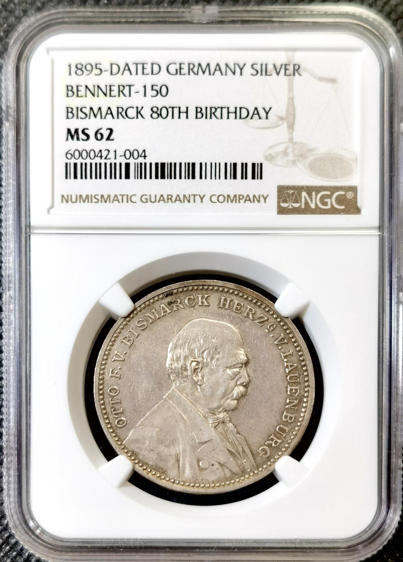 甄臻铺-世界币章拍卖（第42期）送拍享返佣金等优惠多多 NGC-MS62 1895年德国帝国导航员首相俾斯麦80大寿纪念银章 原味精制镜面 戎装日耳曼尼娅祝寿
