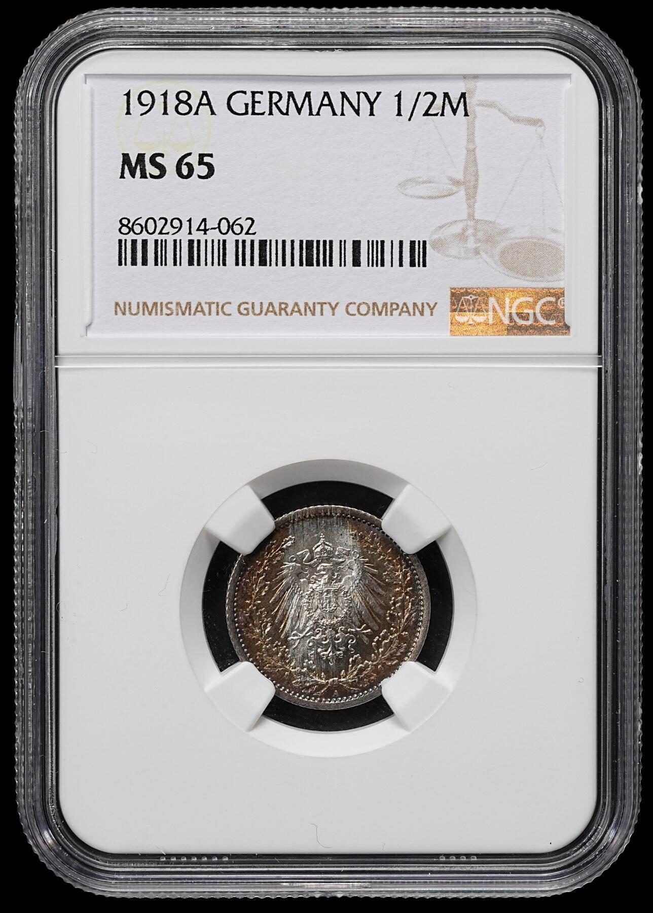 修遠堂世界钱币第九十六期 NGC MS65 1918年德国1/2马克银币 A厂铭 黑彩漂亮