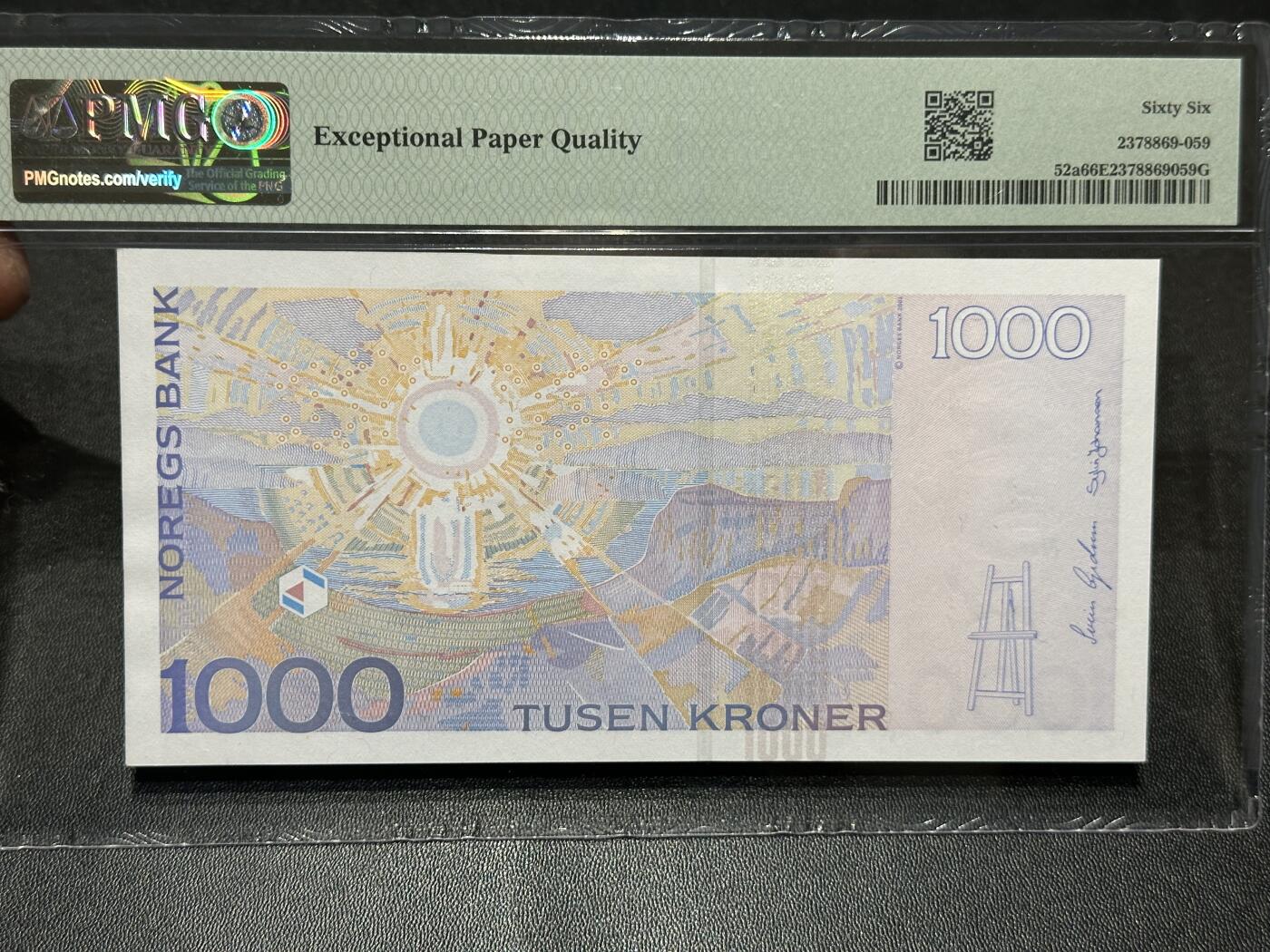 《外钞收藏家》第五百九十一期（畅拍场）（本平台长期征集拍品、欢迎藏友们联系合作） 2001年挪威1000克朗 PMG66 初版 尾189