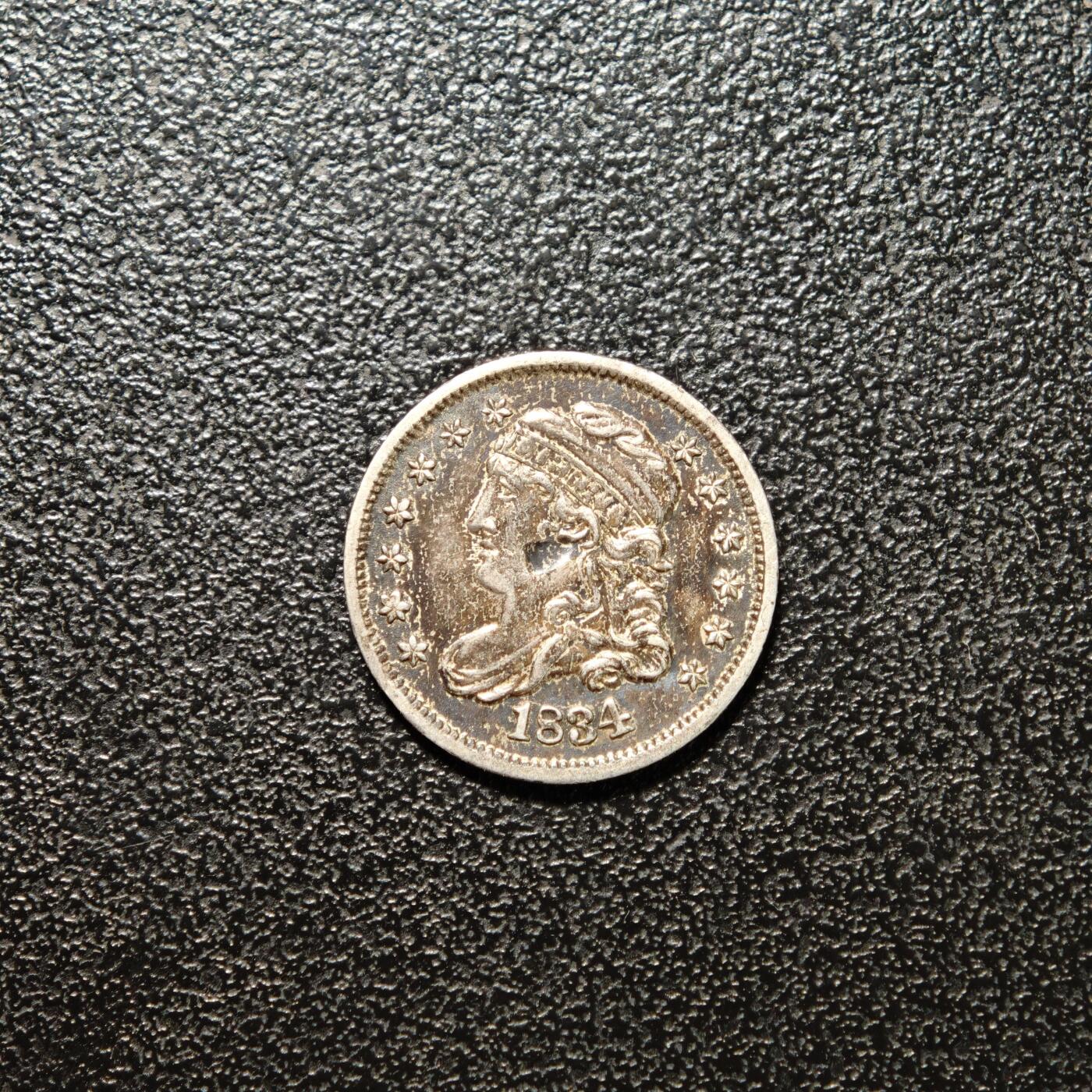 【德藏】世界币章拍卖第156期（拍品征集中~欢迎藏友联系） 1834年 美国早期5美分银币 老包浆 直径约：15.3mm；重约：1.3g