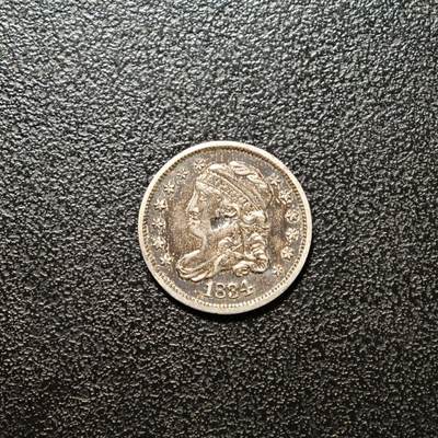 【德藏】世界币章拍卖第156期（拍品征集中~欢迎藏友联系） - 1834年 美国早期5美分银币 老包浆 直径约：15.3mm；重约：1.3g