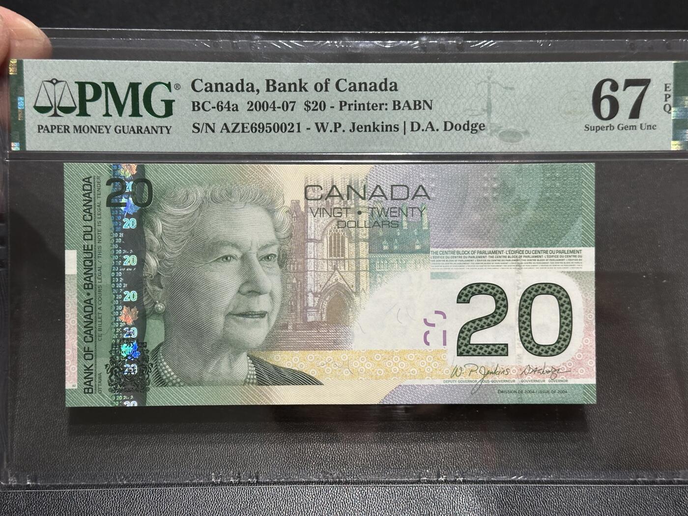 《外钞收藏家》第五百九十一期（畅拍场）（本平台长期征集拍品、欢迎藏友们联系合作） 2004-07年加拿大旅版20元 PMG67 无47靓号