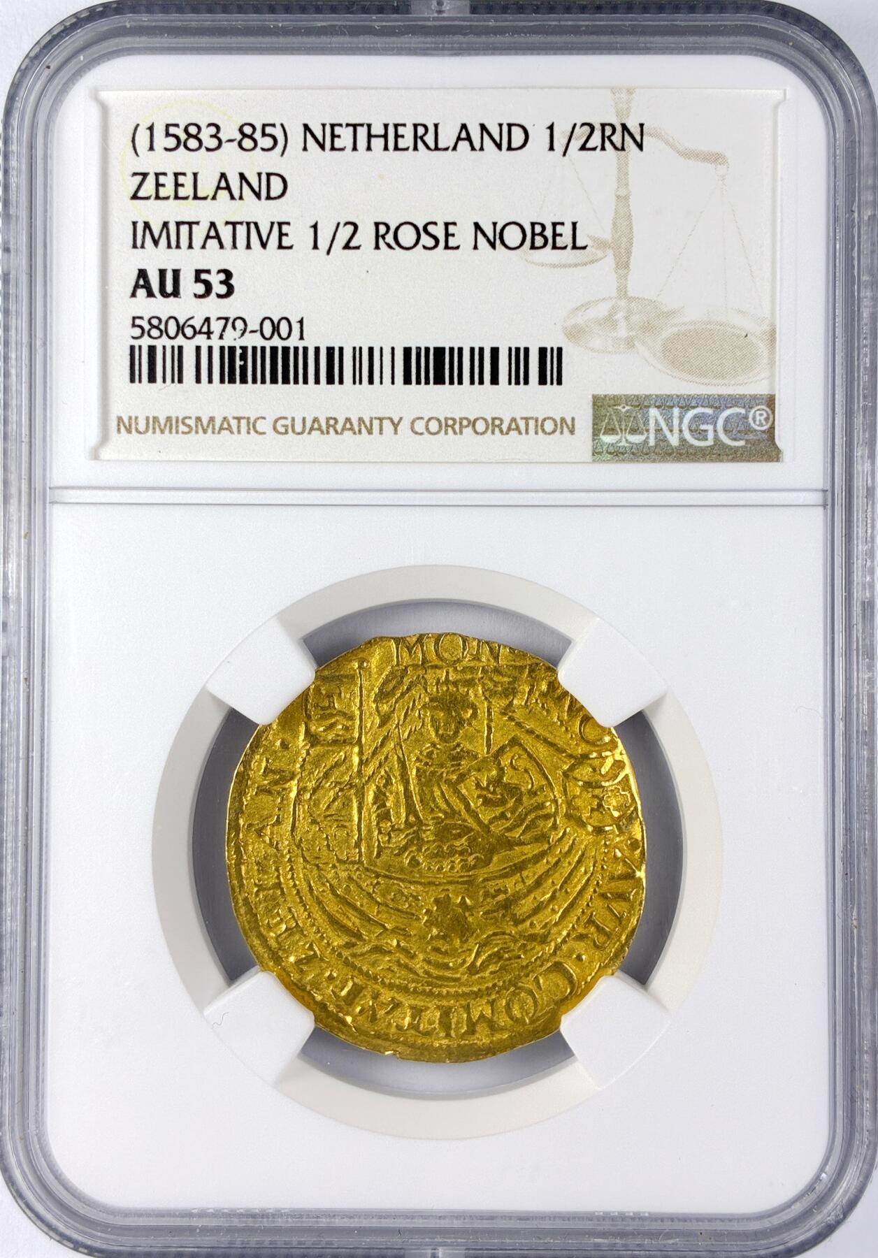 【雨安】【直播拍卖】【世界币章119期-评级币】2025-12-06 周六 19:30 保真 [金币] Netherlands 荷兰 共和国 泽兰省 1/2玫瑰金 (1583-85)  NGC-AU53 罕见的品种