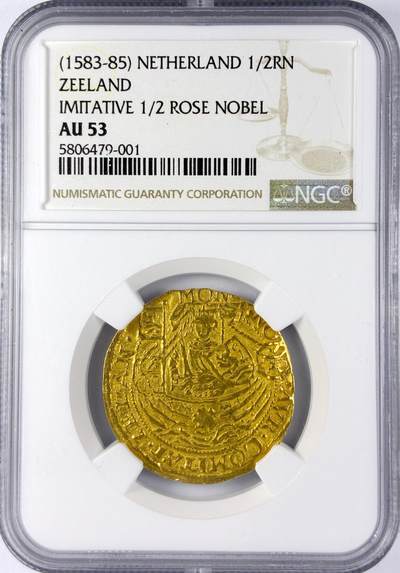 【雨安】【直播拍卖】【世界币章119期-评级币】2025-12-06 周六 19:30 保真 - [金币] Netherlands 荷兰 共和国 泽兰省 1/2玫瑰金 (1583-85)  NGC-AU53 罕见的品种