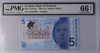 【礼羽收藏】🌏世界钱币拍卖第114期 - AA首冠 欧洲 英国 苏格兰 2016年 5磅 塑料钞