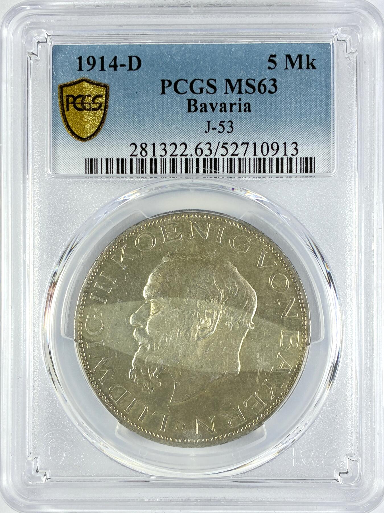 【雨安】【直播拍卖】【世界币章119期-评级币】2025-12-06 周六 19:30 保真 [评级德国] Germany 德国 帝国 J.053 巴伐利亚 5马克 (1914) 路德维希三世 1914年  PCGS-MS63