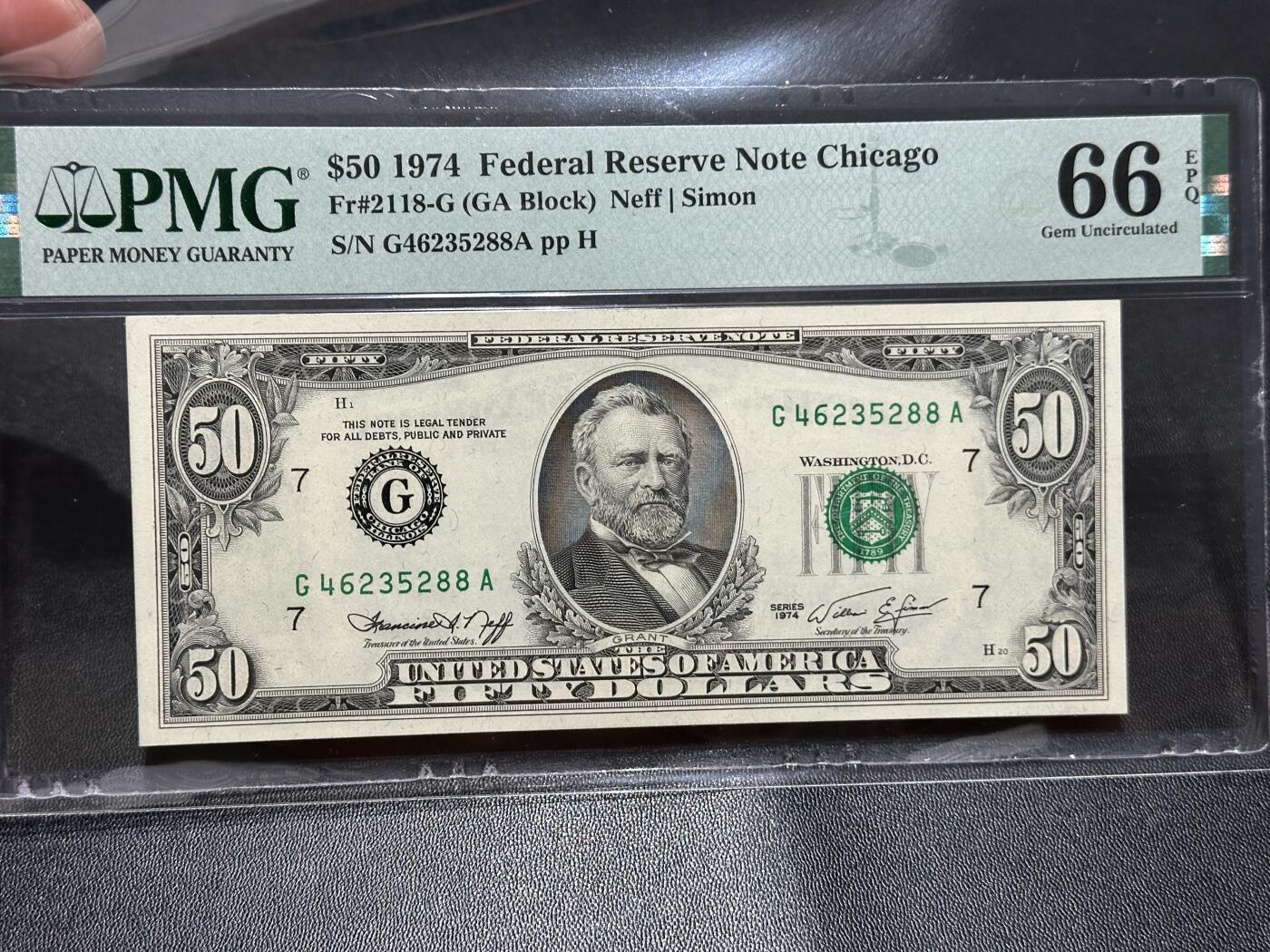 《外钞收藏家》第五百九十一期（畅拍场）（本平台长期征集拍品、欢迎藏友们联系合作） 1974年美国小头版50美元 PMG66 尾88