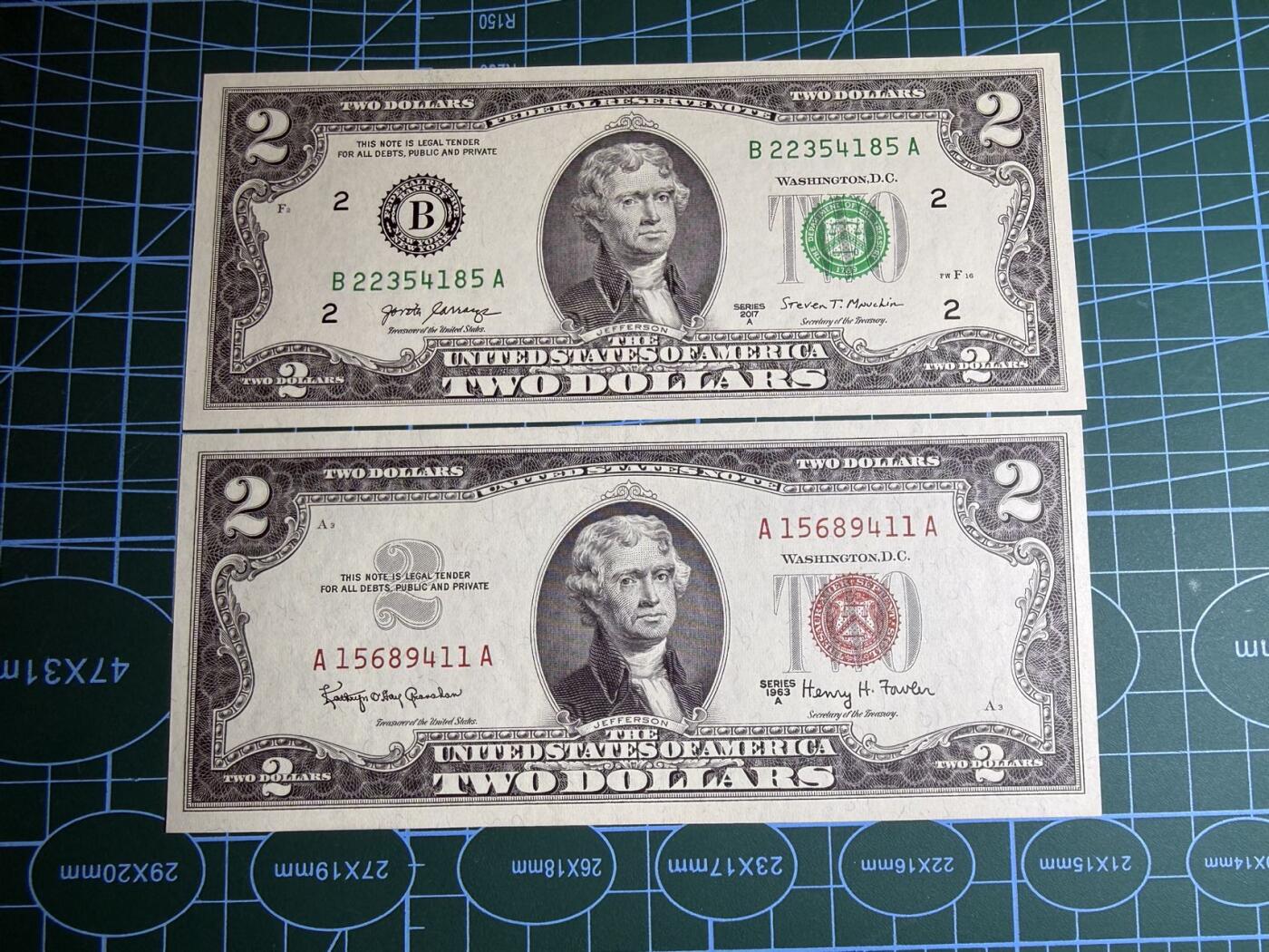 【炜奕收藏】，第五十二期 1963年&2017年美国2美元，UNC品相，包含AA冠