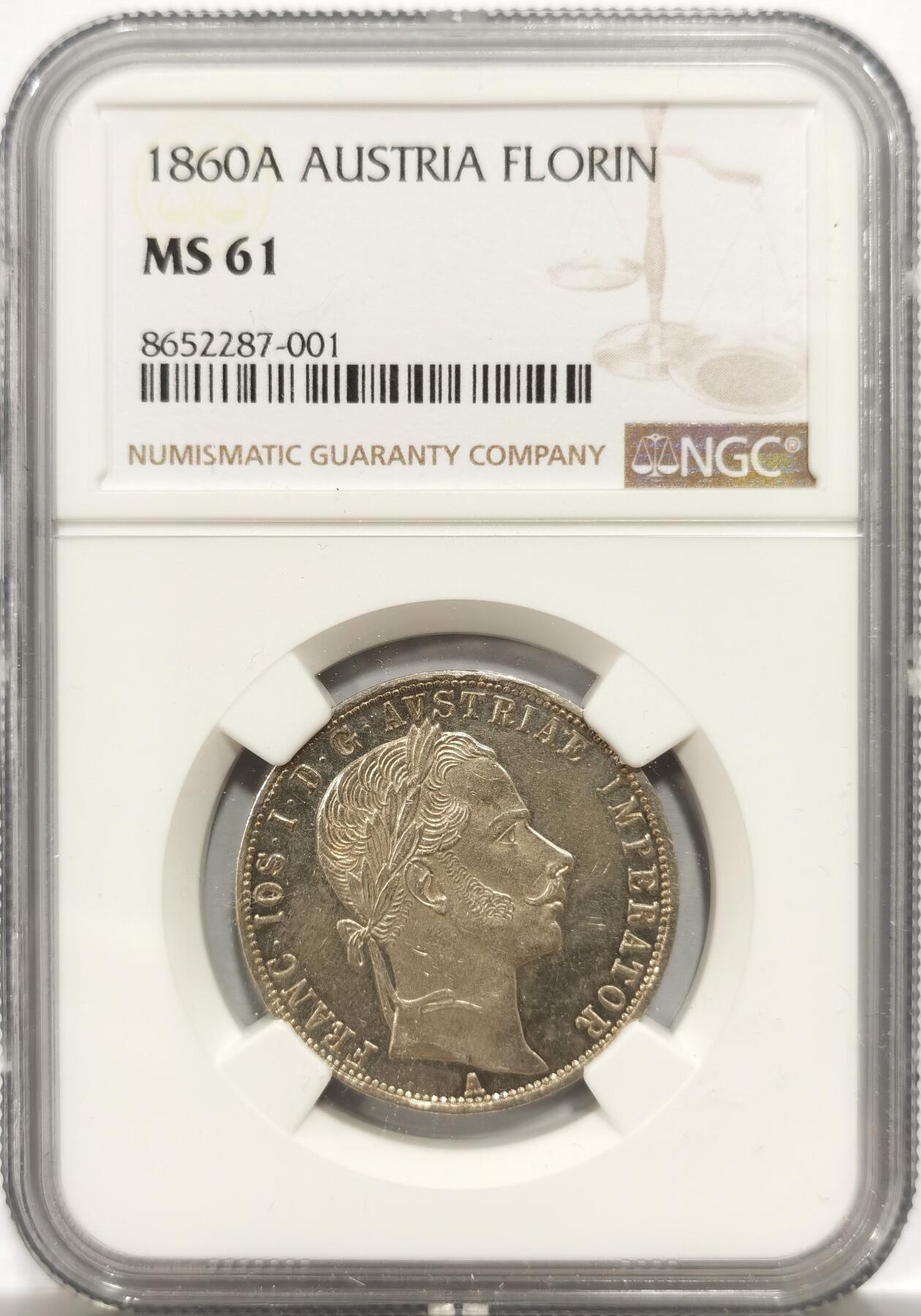 博洋堂世界钱币拍卖第150期（全场包邮） NGC MS61 奥地利1860年1弗洛林银币，奥皇约瑟夫弗朗茨一世早期主币，币面有镜面感