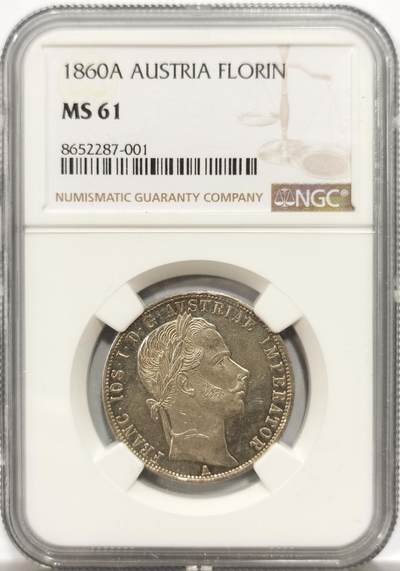 博洋堂世界钱币拍卖第150期（全场包邮） - NGC MS61 奥地利1860年1弗洛林银币，奥皇约瑟夫弗朗茨一世早期主币，币面有镜面感