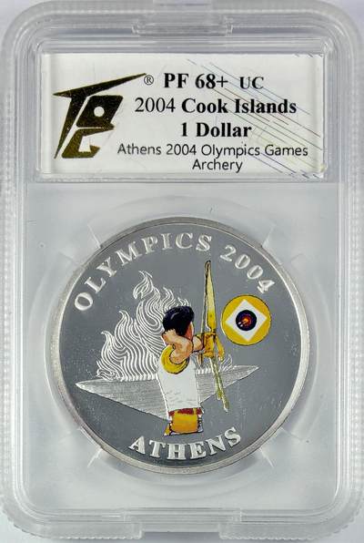 【雨安】【直播拍卖】【世界币章119期-评级币】2025-12-06 周六 19:30 保真 - [评级现代] Cook Island 库克群岛 1元 2004年 奥运会 射箭 TQG-PF68+UC