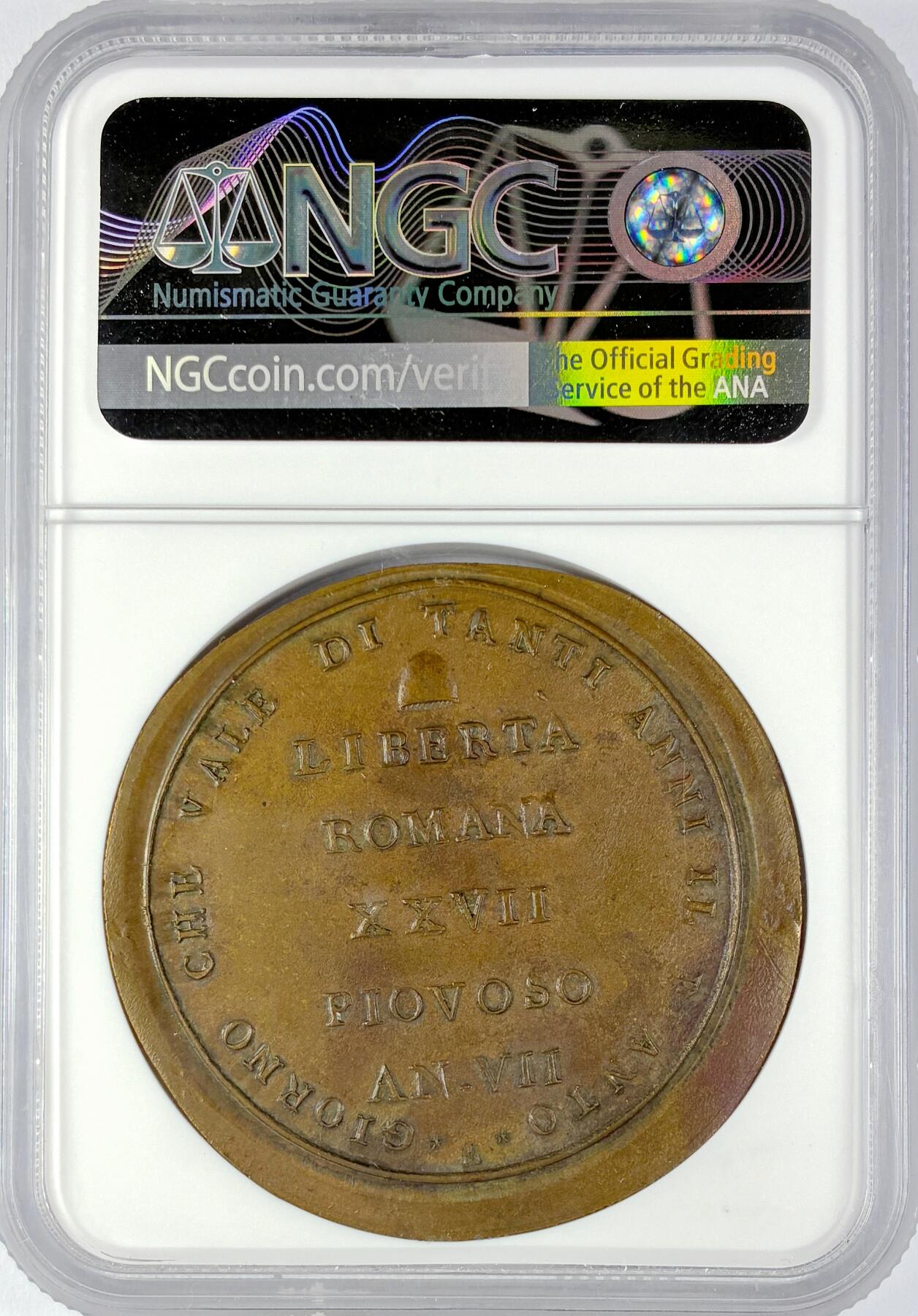 【雨安】【直播拍卖】【世界币章119期-评级币】2025-12-06 周六 19:30 保真 [评级欧洲] Italy 意大利 Roman Republic罗马共和 1斯库多 1799年  NGC-MS61 顶级罕见