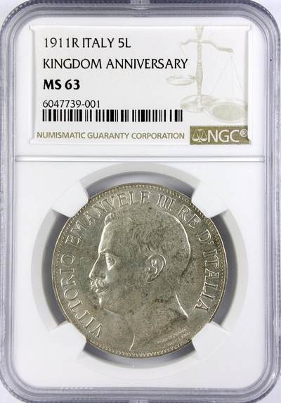 【雨安】【直播拍卖】【世界币章119期-评级币】2025-12-06 周六 19:30 保真 - [评级欧洲] Italy 意大利 5里拉 1911年 埃马努埃莱三世  NGC-MS63