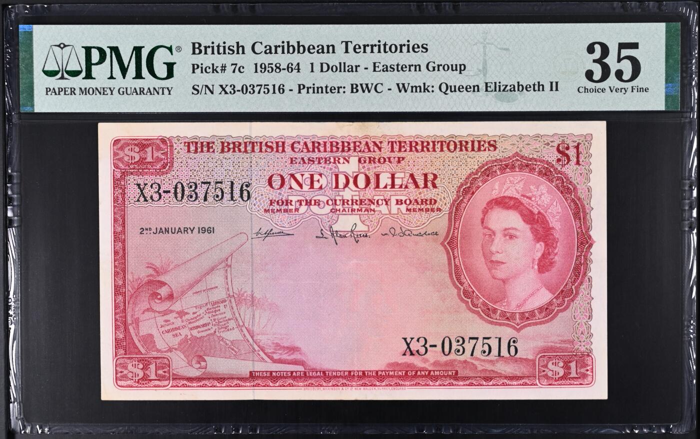 12.5纸币专场 1958年-1964年东加勒比地区 伊丽莎白二世头像 1美元