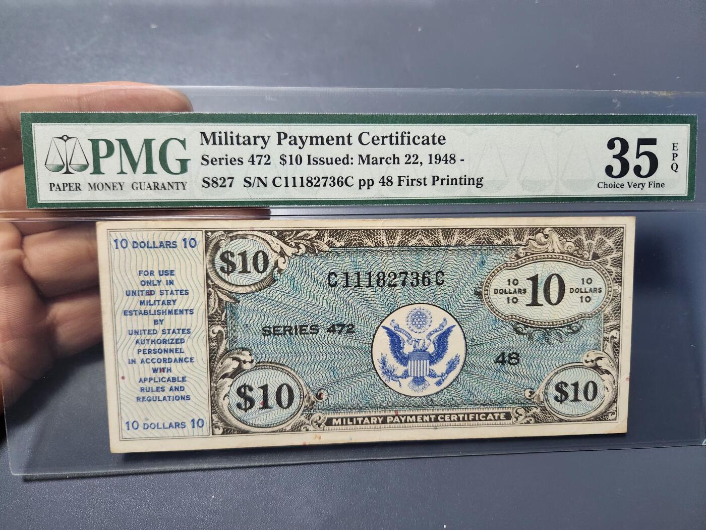 12月5号晚上8点 评级币专场外国纸币自动截拍第68场 美国军票 MPC472系列 1948年10元 最大面值 稀少PMG35