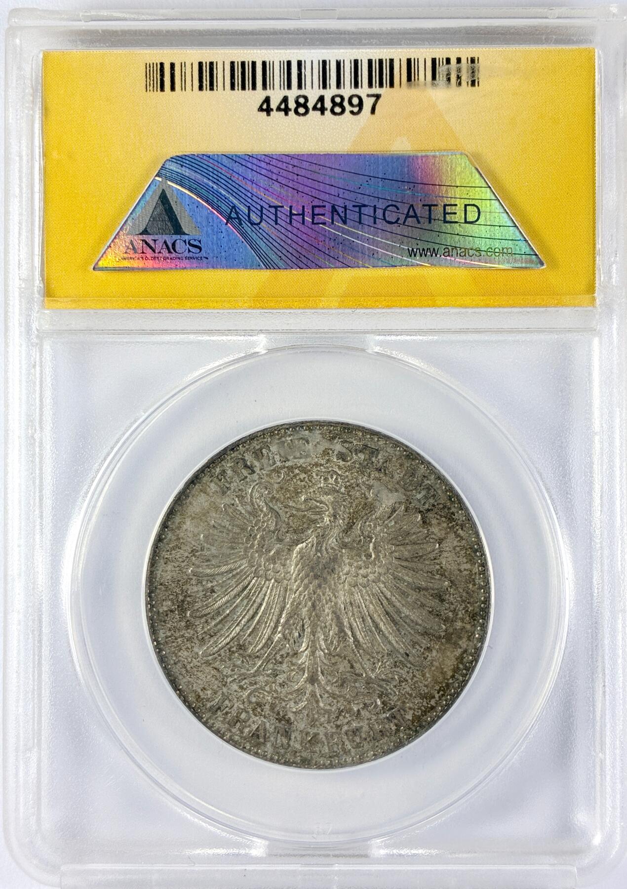 【雨安】【直播拍卖】【世界币章119期-评级币】2025-12-06 周六 19:30 保真 [评级德国] Germany 德国 德意志 1泰勒 法兰克福 1859年 ANACS-MS62 原味淡彩包浆 品相一流 非常难得