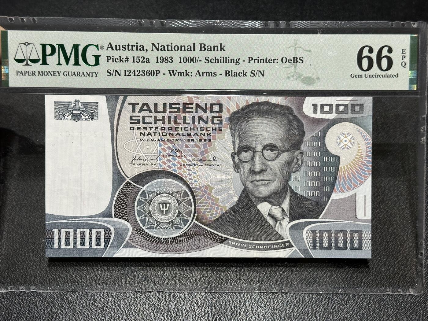 《外钞收藏家》第五百九十一期（畅拍场）（本平台长期征集拍品、欢迎藏友们联系合作） 1983年奥地利1000先令 PMG66 薛定谔 尾360