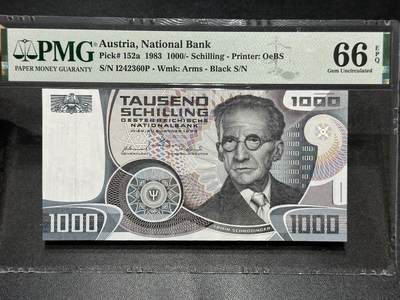 《外钞收藏家》第五百九十一期（畅拍场）（本平台长期征集拍品、欢迎藏友们联系合作） - 1983年奥地利1000先令 PMG66 薛定谔 尾360