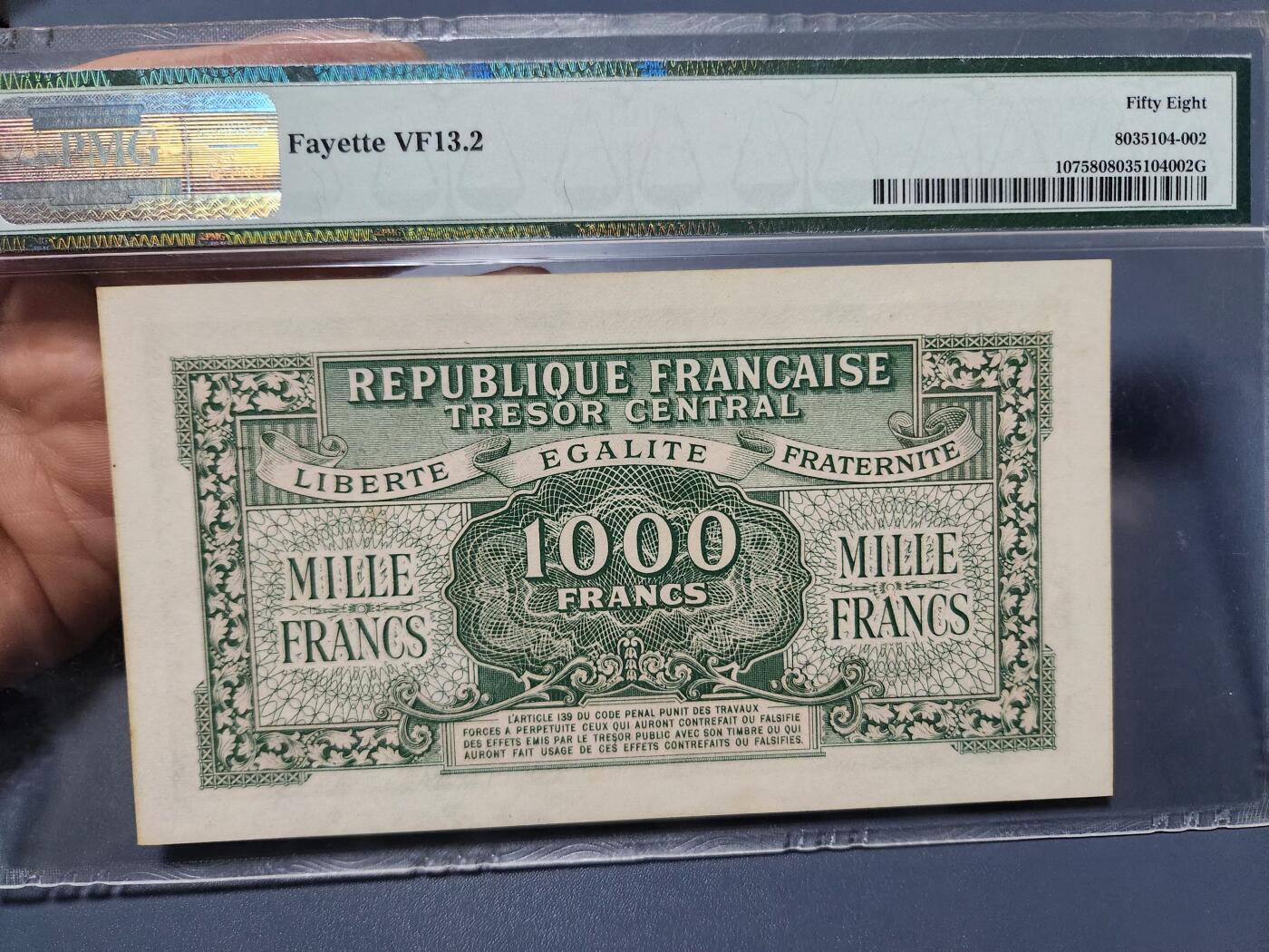 12月5号晚上8点 评级币专场外国纸币自动截拍第68场 法国债券 1944年1000法郎纸币 女神玛丽安娜 PMG58