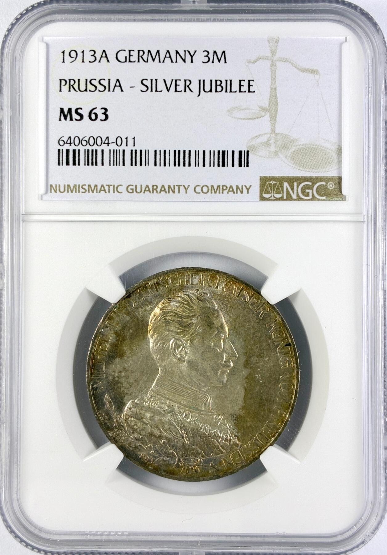 【雨安】【直播拍卖】【世界币章119期-评级币】2025-12-06 周六 19:30 保真 [评级德国] Germany 德国 帝国 J.112 普鲁士 3马克 (1913) 军装花枝 1913年  NGC-MS63