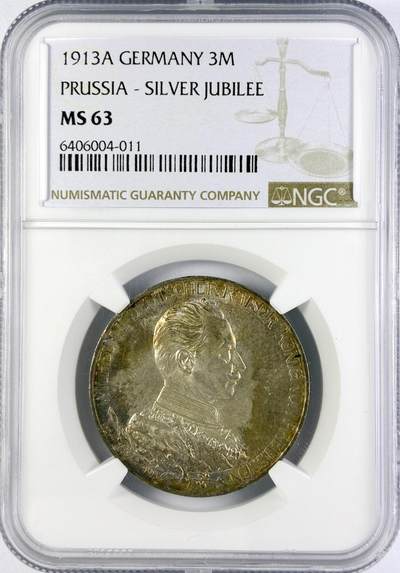【雨安】【直播拍卖】【世界币章119期-评级币】2025-12-06 周六 19:30 保真 - [评级德国] Germany 德国 帝国 J.112 普鲁士 3马克 (1913) 军装花枝 1913年  NGC-MS63