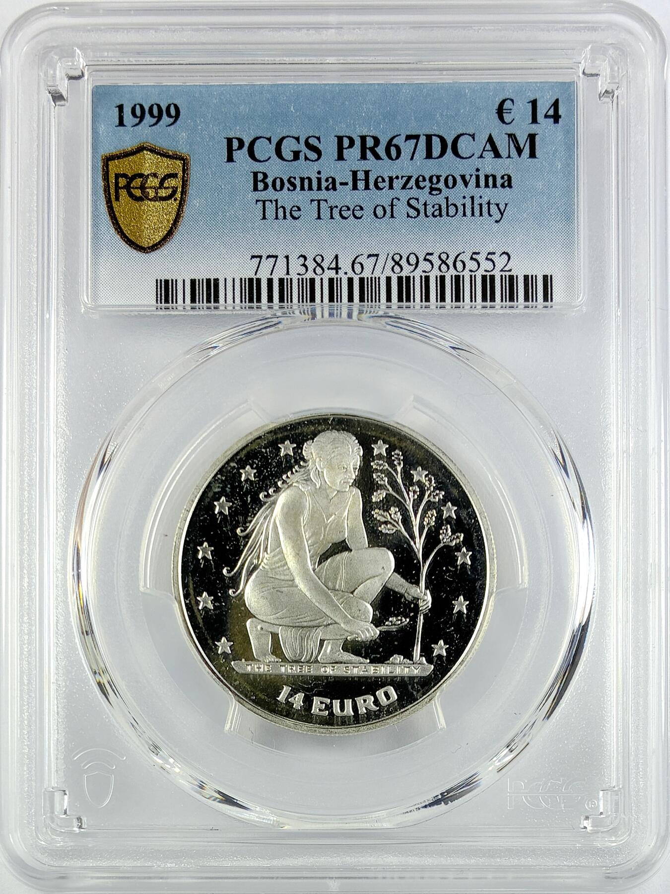 【雨安】【直播拍卖】【世界币章119期-评级币】2025-12-06 周六 19:30 保真 [评级现代] Bosnia-Herzegovina 波斯尼亚和黑塞哥维那 14埃居 1999年 植树 PCGS-PR67DCAM