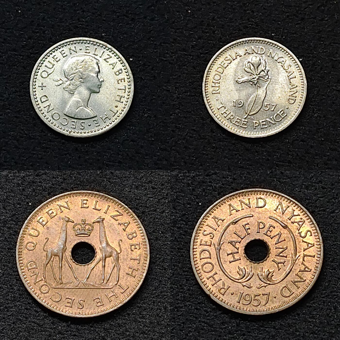 【全场包邮】纯粹捡漏拍484场（免费代拍第21场） 英属罗德西亚和尼亚萨兰1957年1/2便士+3便士UNC品相2枚一组