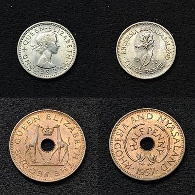 【全场包邮】纯粹捡漏拍484场（免费代拍第21场） - 英属罗德西亚和尼亚萨兰1957年1/2便士+3便士UNC品相2枚一组