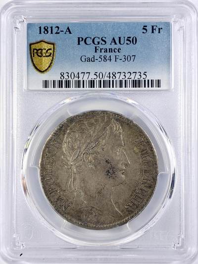 【雨安】【直播拍卖】【世界币章119期-评级币】2025-12-06 周六 19:30 保真 - [评级法国] France 法国 5法郎 KM#0694 (1809-1814) 拿破仑一世 1812年  PCGS-AU50
